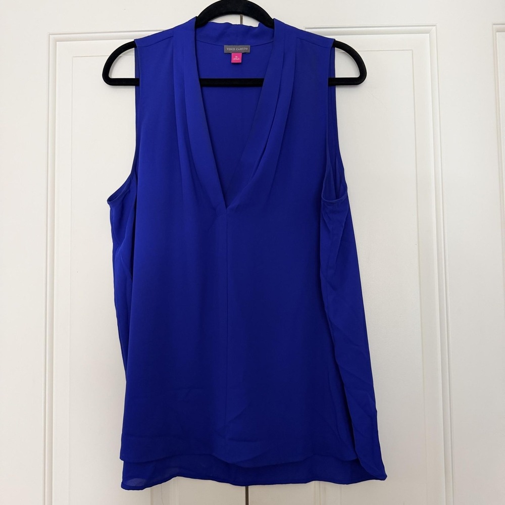 Vince Camuto Blouse Womens XL Blue Sleeveless V Neck Tunic Top Chiffon Office